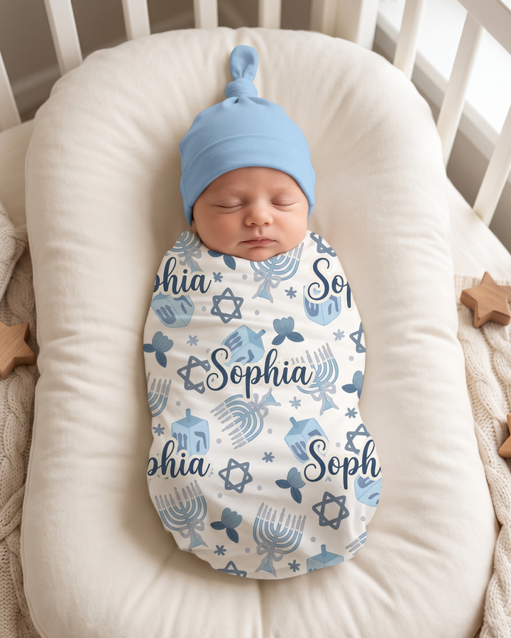 Custom Name Little Hanukkah Blessings Bamboo Swaddle Blanket