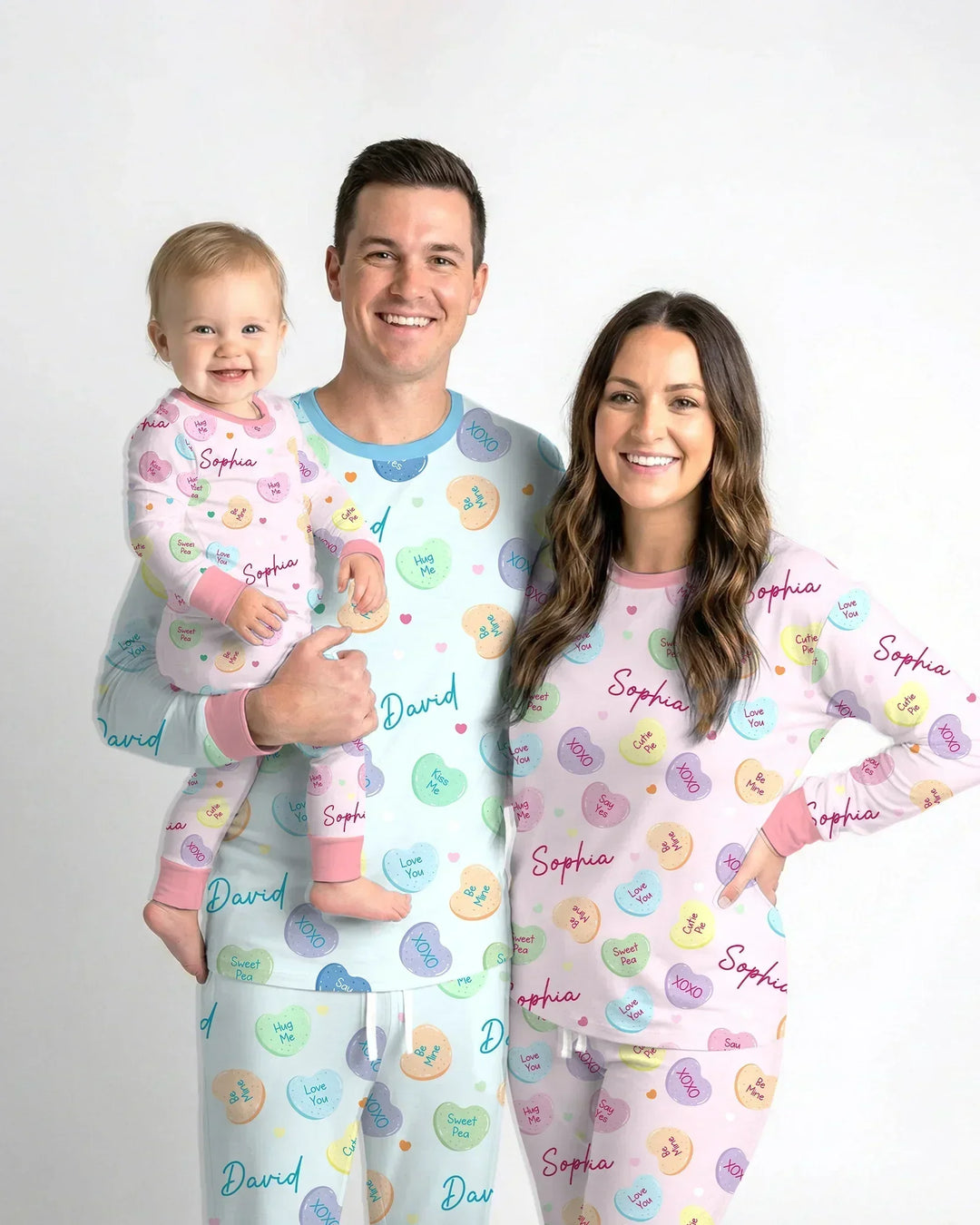Custom Name Colorful Candy Hearts Family Matching Bamboo Women Pajama Set