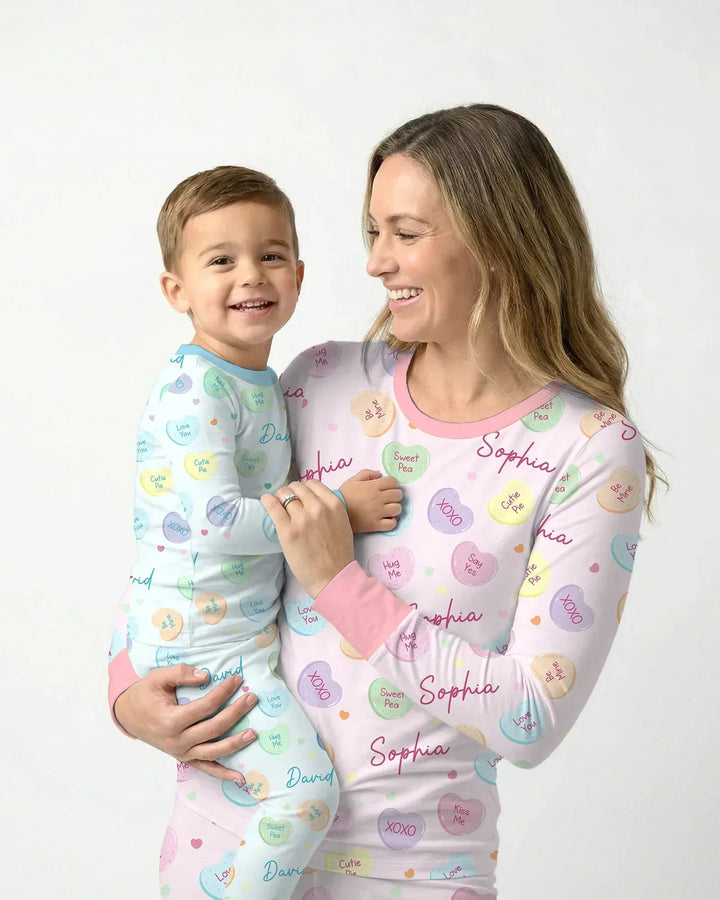 Custom Name Colorful Candy Hearts Family Matching Bamboo Women Pajama Set