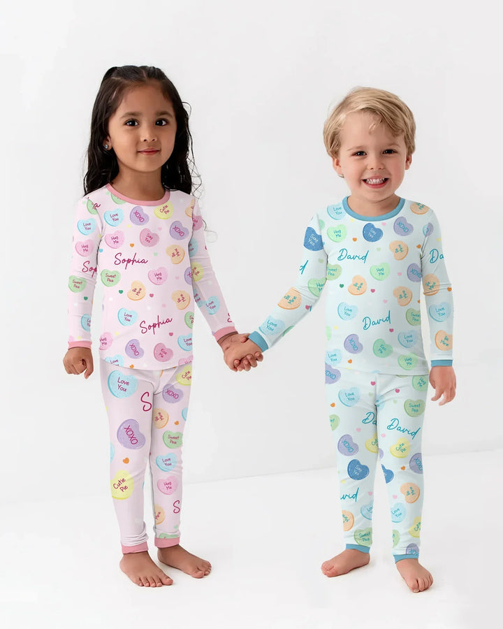 Custom Name Colorful Candy Hearts Family Matching Bamboo Two Piece Long Sleeve Pajama Set