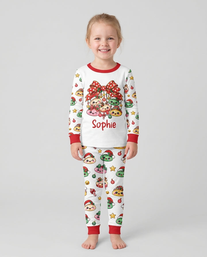 Custom Name Christmas Dumpling The Bow Bamboo Two Piece Long Sleeve Pajama Set