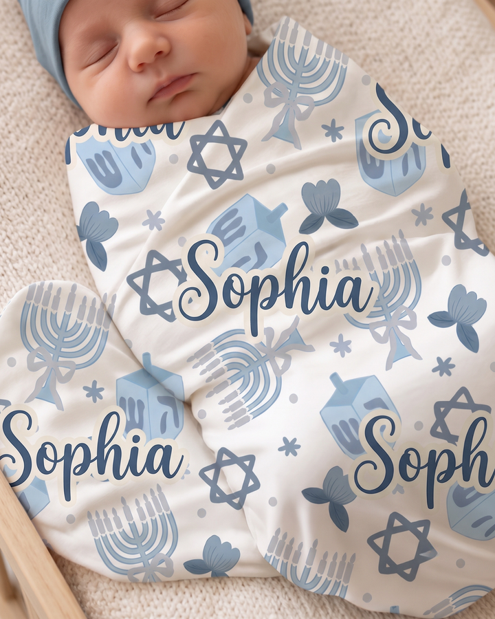 Custom Name Little Hanukkah Blessings Bamboo Swaddle Blanket