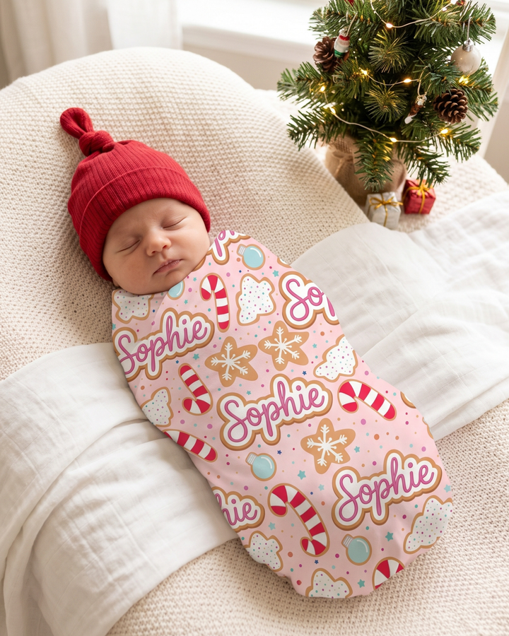 Custom Name Christmas Candy Cane Bamboo Swaddle Blanket