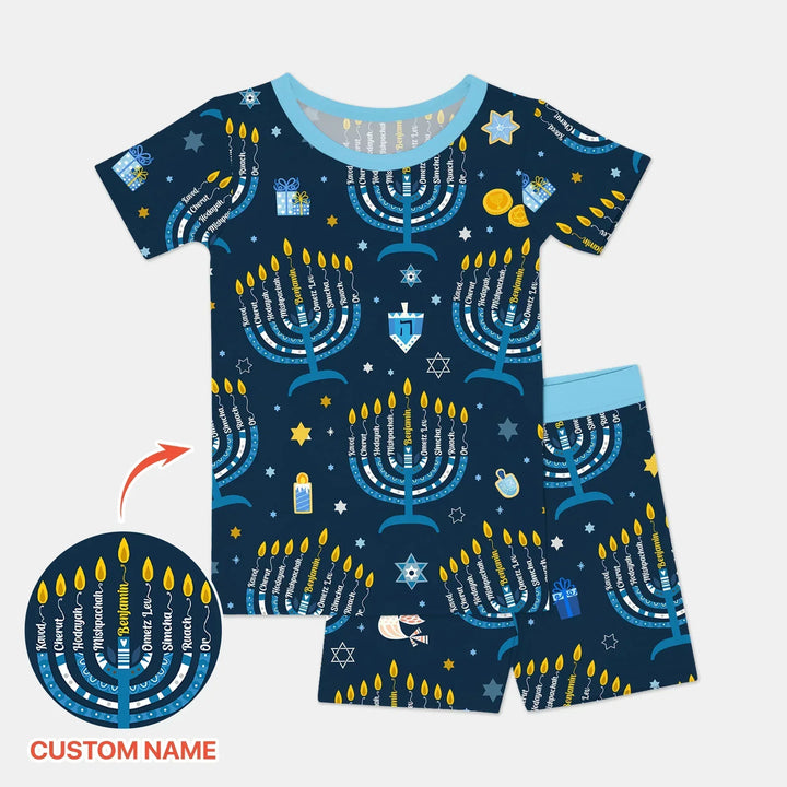 Hanukkah Custom Name Bamboo Two Piece Short Sleeve Shorts Pajama Set