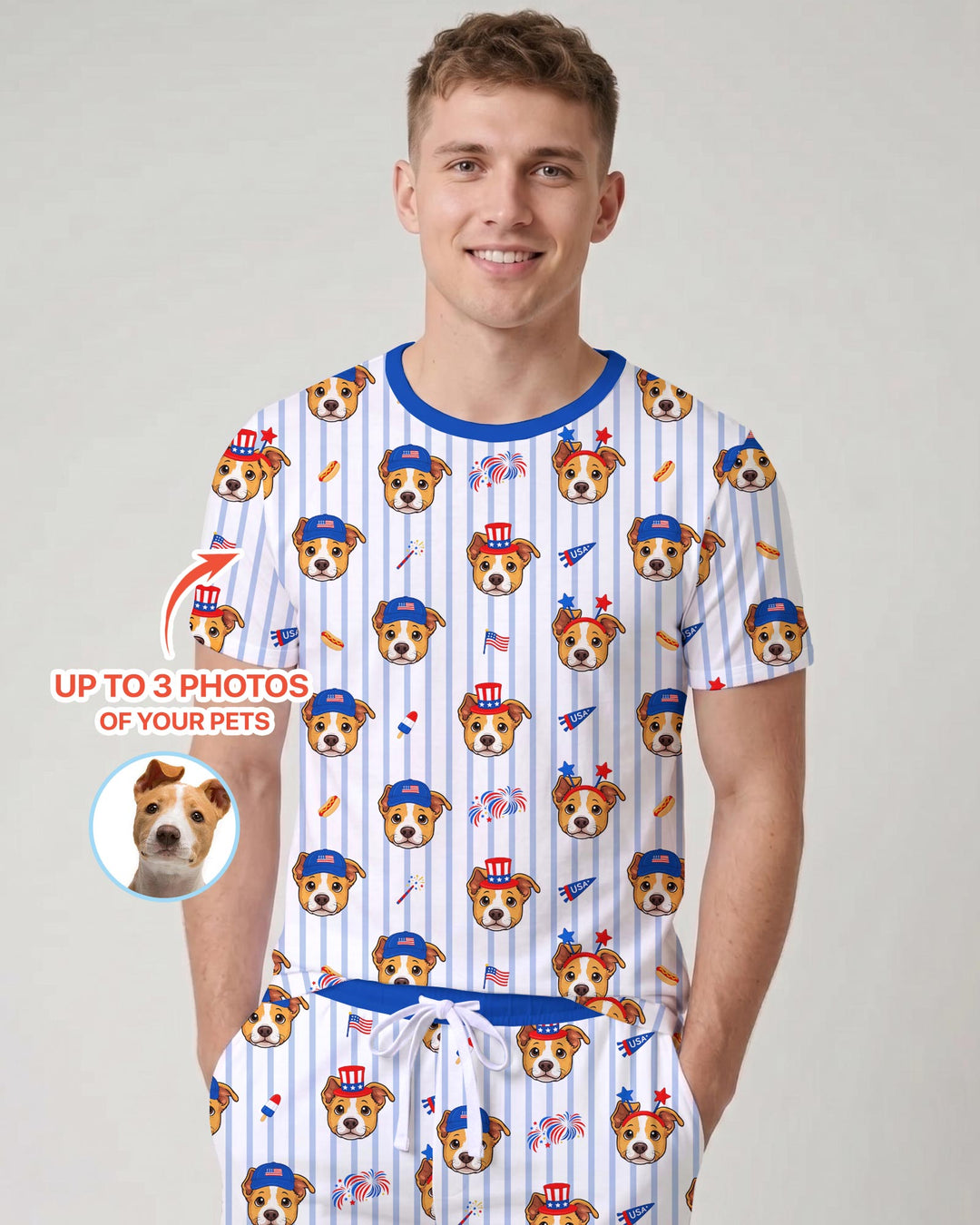 Custom Pet Image 4th of July Family Matching Bamboo Men Short Sleeve Short Pajama Set