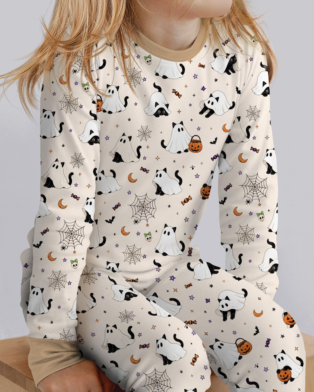 Ghost Cat Vintage Halloween Bamboo Two Piece Long Sleeve Pajama Set