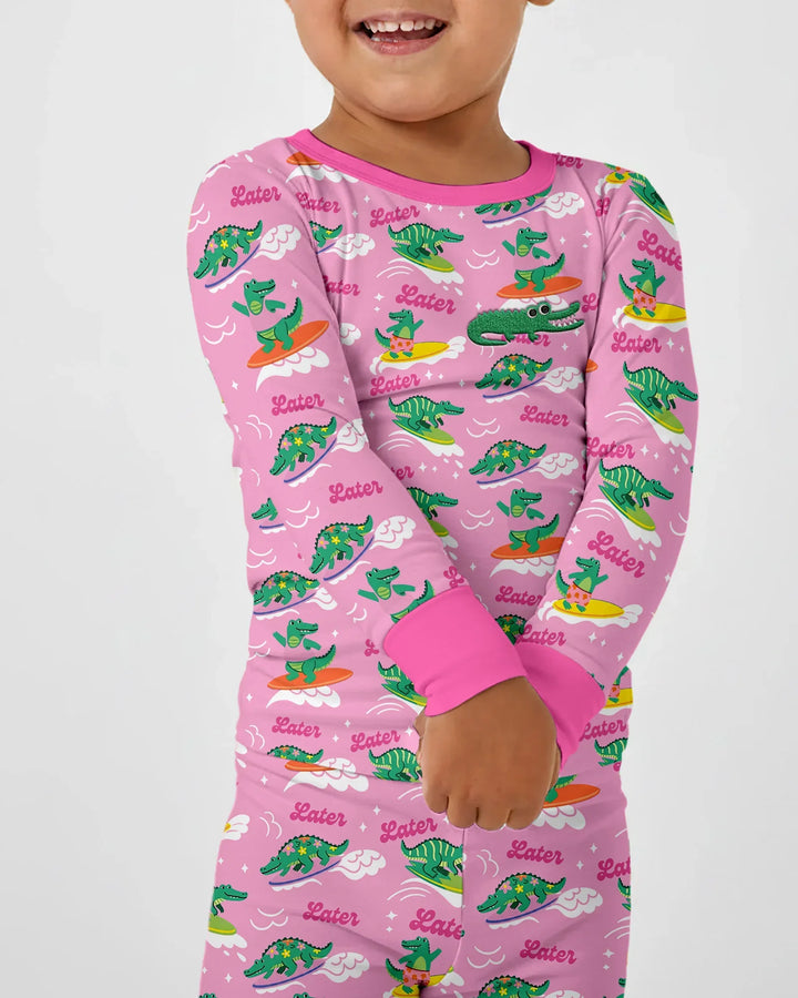 Embroidered Summer Alligator Bamboo Two Piece Long Sleeve Pajama Set