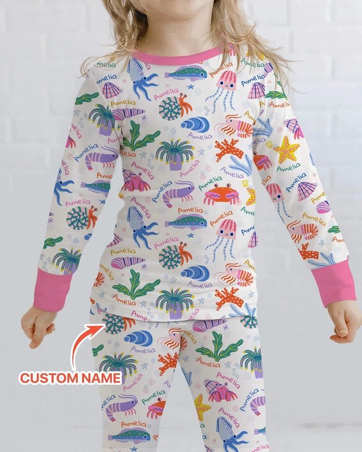Tide Pool Pals Custom Name Bamboo Two Piece Long Sleeve Pajama Set