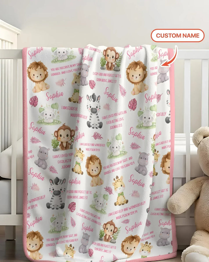 Custom Name Bible Verse Safari Animal Bamboo Blanket
