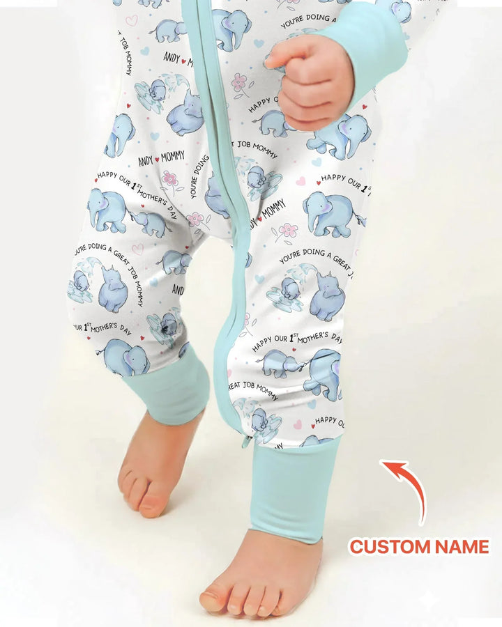 Custom Name Mother & Baby Elephant Bamboo Convertible Zippy