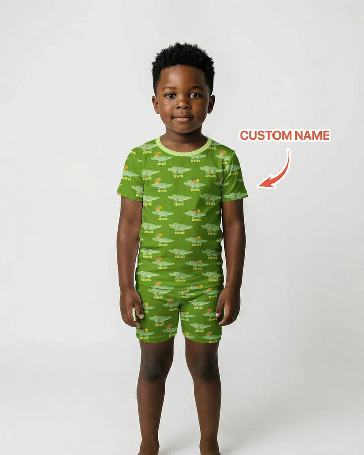 Custom Name Mardi Gras Gator Bamboo Two Piece Short Sleeve Shorts Pajama Set