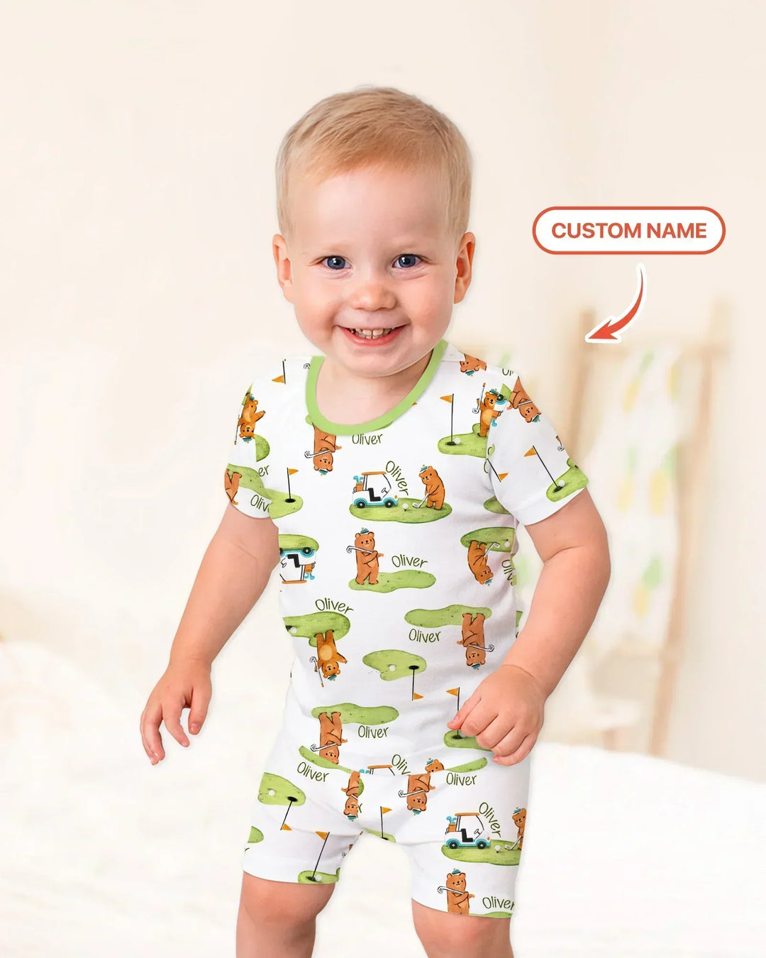 Custom Name Little Bear Golf Club Bamboo Two Piece Short Sleeve Shorts Pajama Set