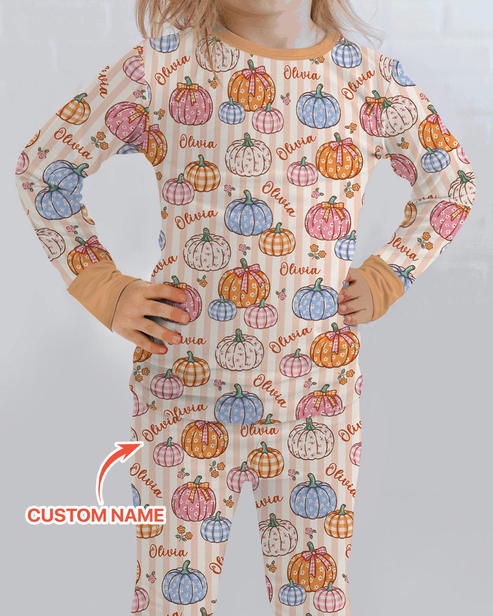 Custom Name Pumpkin Patch Bamboo Two Piece Long Sleeve Pajama Set