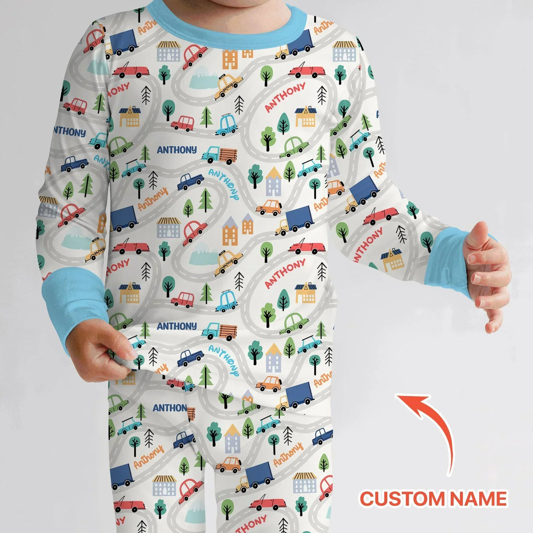 Custom Name Road Map Bamboo Two Piece Long Sleeve Pajama Set