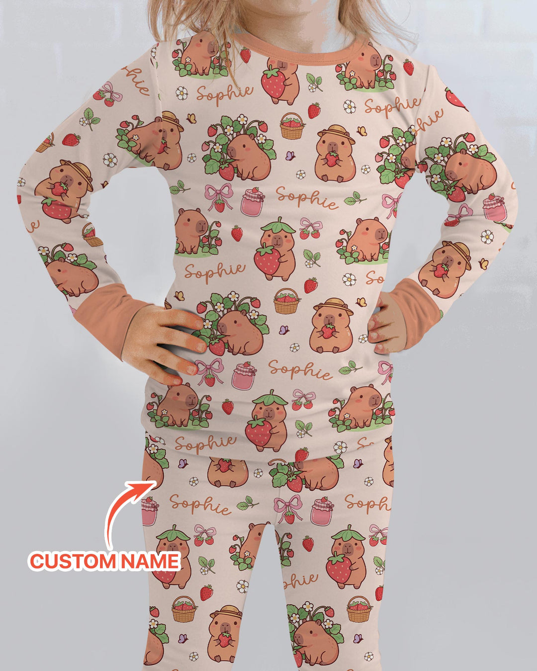 Custom Name Capybara Strawberry Bamboo Two Piece Long Sleeve Pajama Set