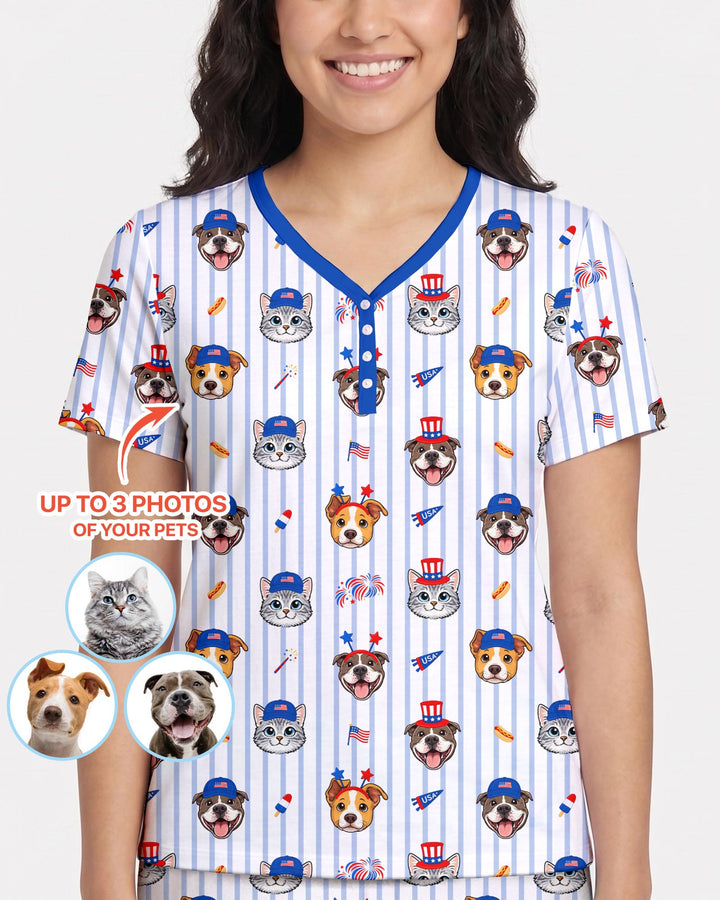 Custom Pet Image 4th of July Family Matching Bamboo Women Short Sleeve Short Pajama