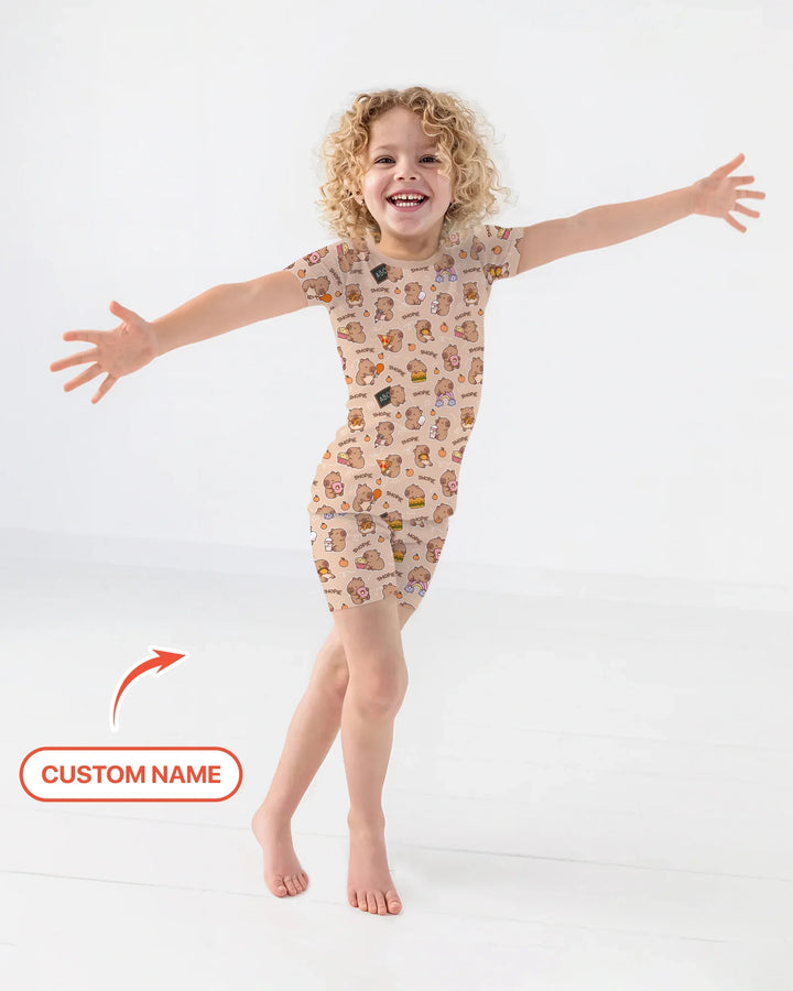 Custom Name Cute Capybara Bamboo Two Piece Short Sleeve Shorts Pajama Set