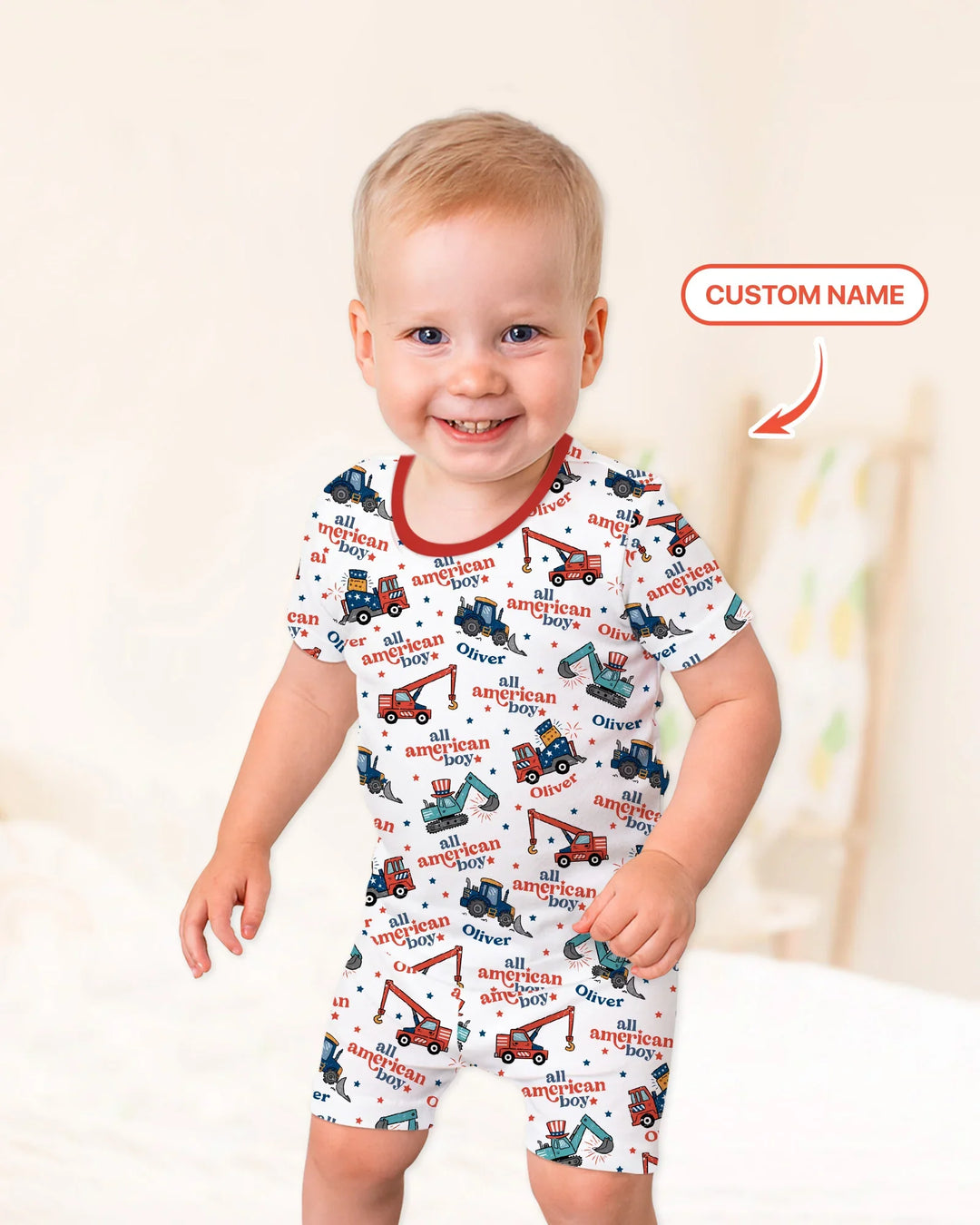 Custom Name All-American Boy Bamboo Two Piece Short Sleeve Shorts Pajama Set