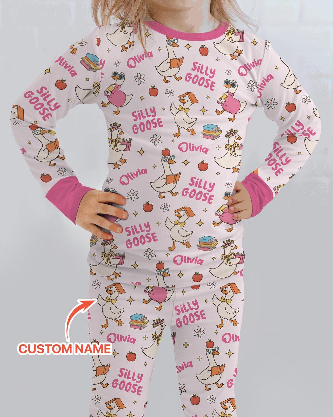 Custom Name Silly Goose Back to School Bamboo Two Piece Long Sleeve Pajama Set