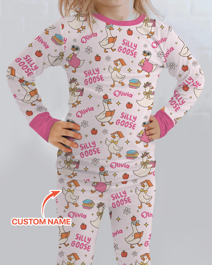 Custom Name Silly Goose Back to School Bamboo Two Piece Long Sleeve Pajama Set