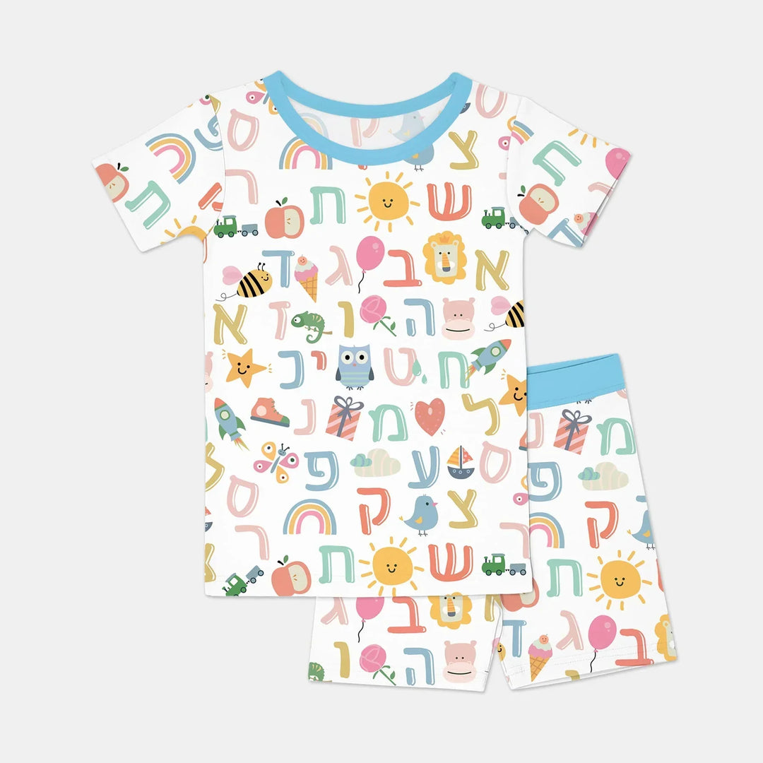 Hebrew Alphabet Two Piece Short Sleeve Shorts Pajama Set , Hebrew Alphabet Two Piece Short Sleeve Shorts Pajama Set - 12-18M / Blue