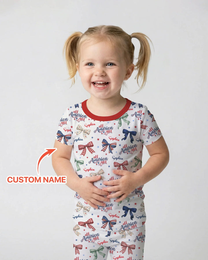 Custom Name All American Girl Bamboo Two Piece Short Sleeve Pajama Set