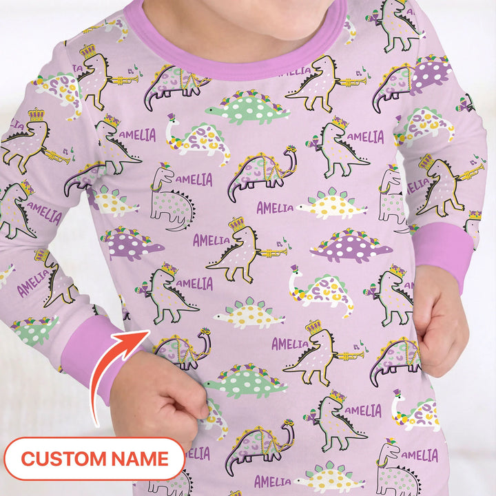 Custom Name Mardi Gras Saurus Bamboo Two Piece Long Sleeve Pajama Set