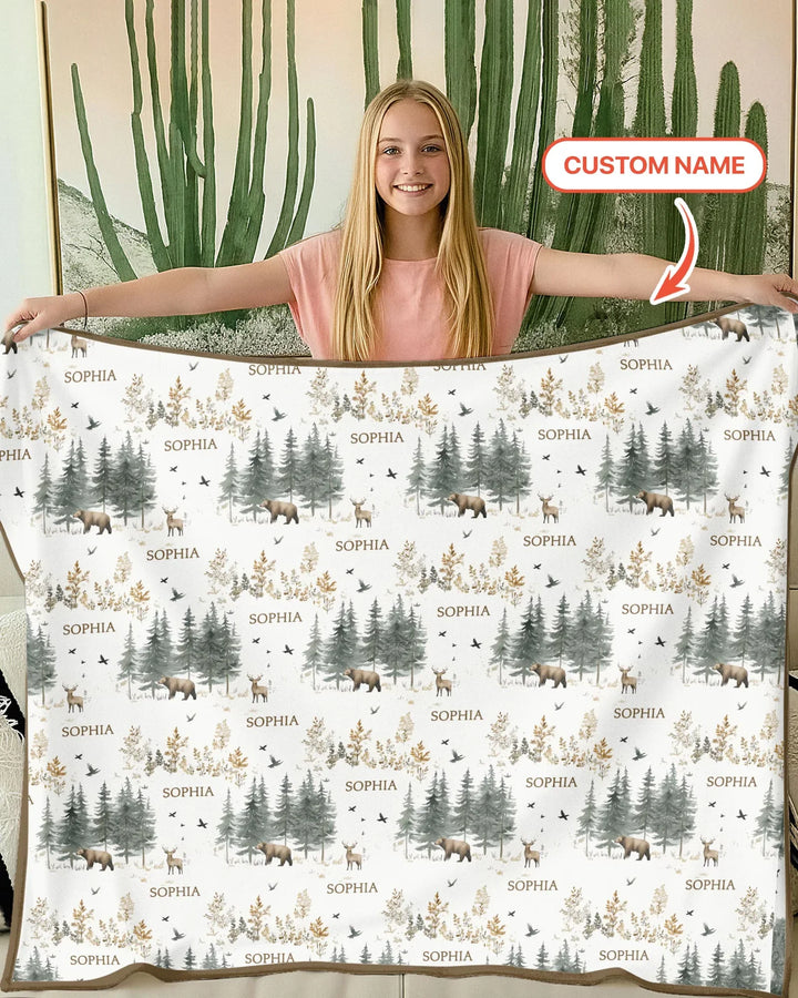 Custom Name Forest Bear Deer Bamboo Blanket