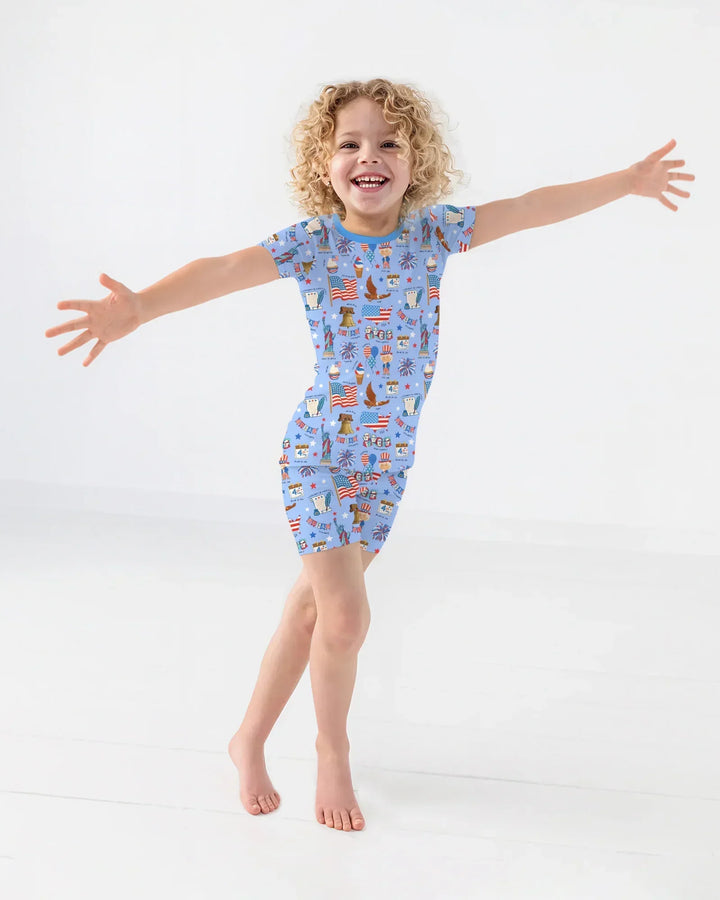 Hand Drawn Patriotic Iconic Bamboo Two Piece Short Sleeve Shorts Pajama Set