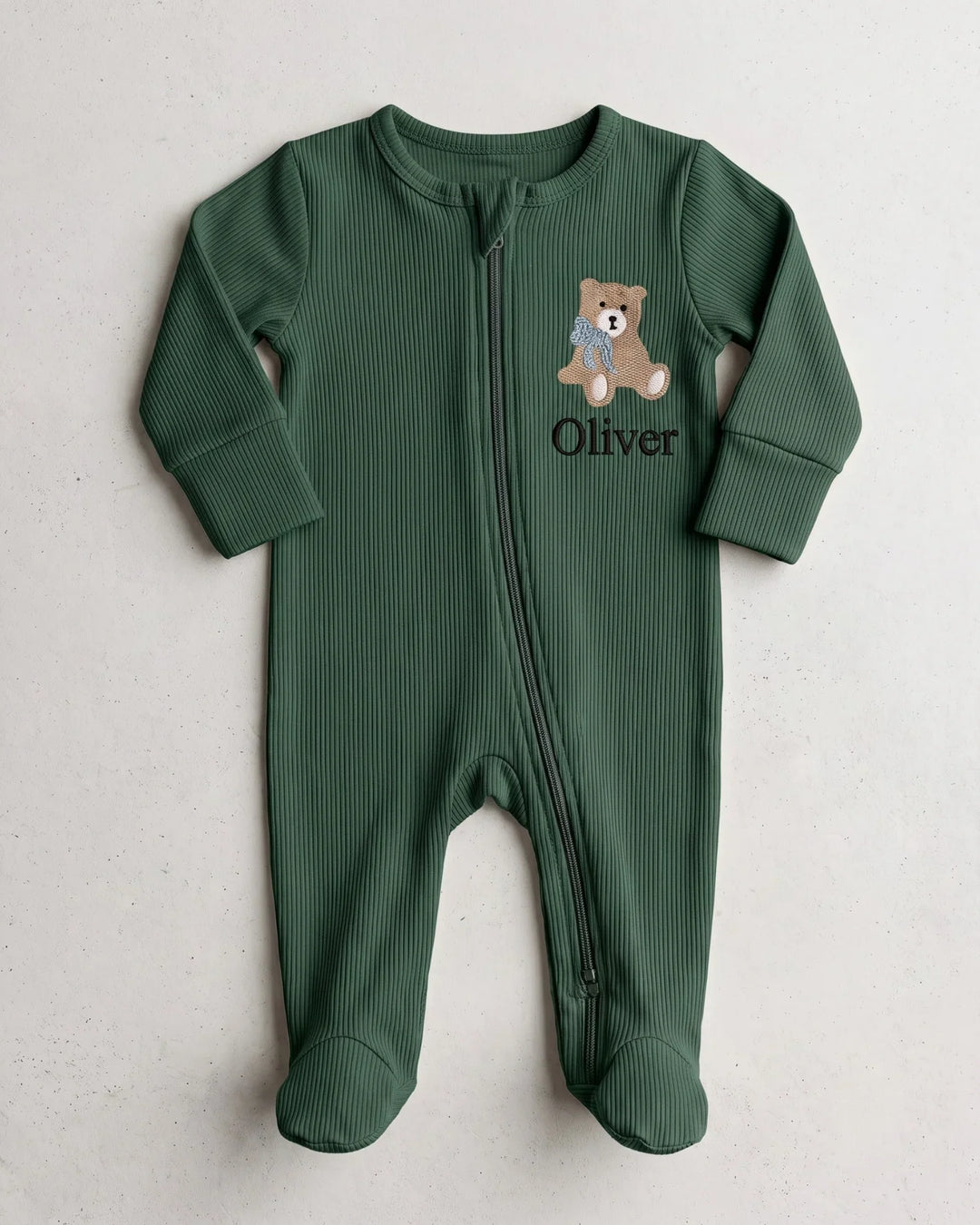 Personalized Teddy Bear Embroidered Ribbed Bamboo Zipper Footie