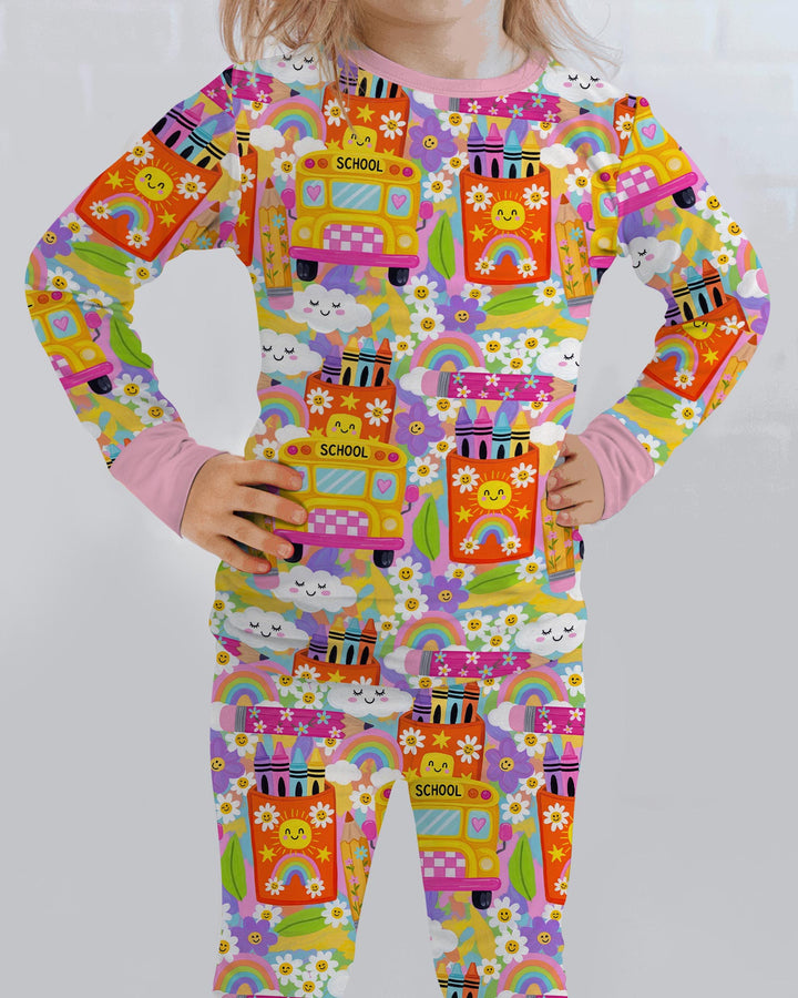 Retro Happy Classroom Bamboo Two Piece Long Sleeve Pajama Set