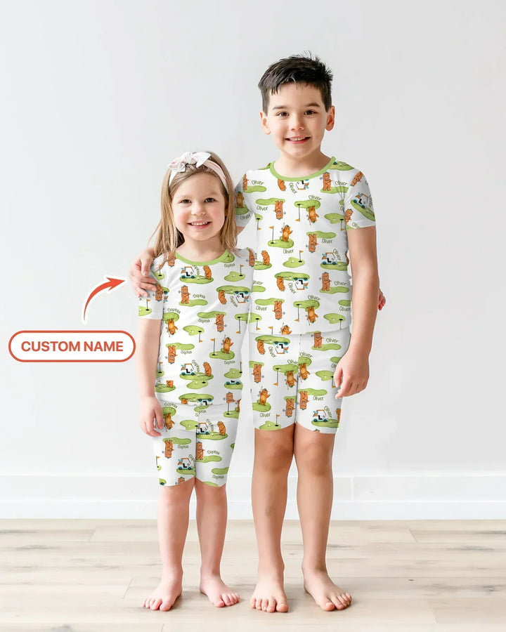 Custom Name Little Bear Golf Club Bamboo Two Piece Short Sleeve Shorts Pajama Set