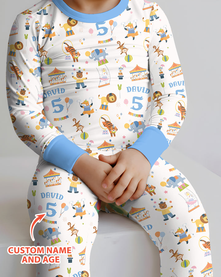 Custom Name Birthday Circus Bamboo Two Piece Long Sleeve Pajama Set