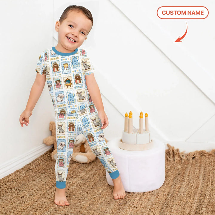 Custom Name Christmas Nativity Bamboo Two Piece Short Sleeve Pajama Set