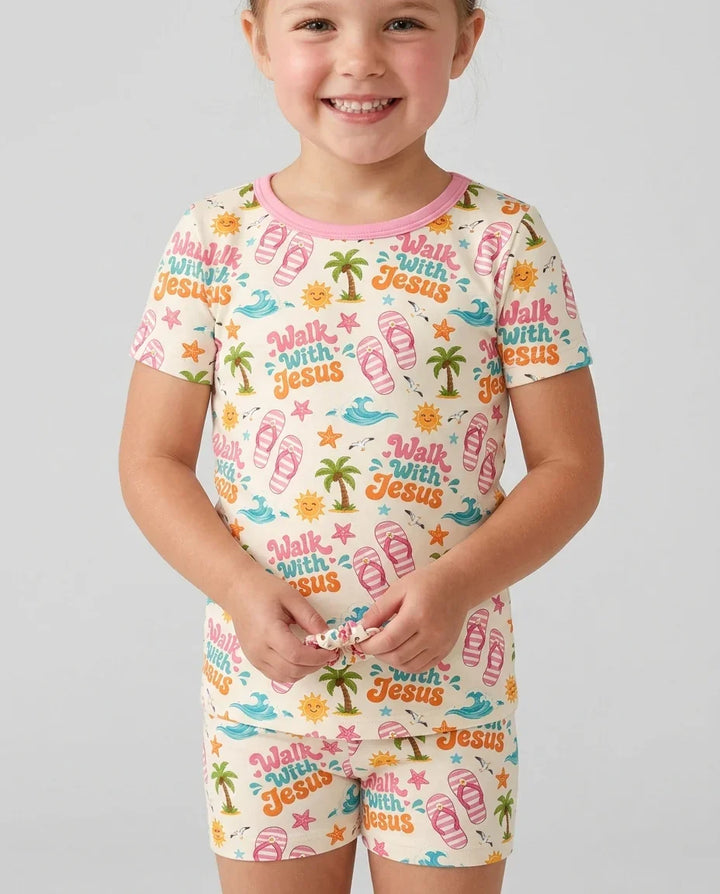 Groovy Summer Walk With Jesus Bamboo Two Piece Short Sleeve Shorts Pajama Set