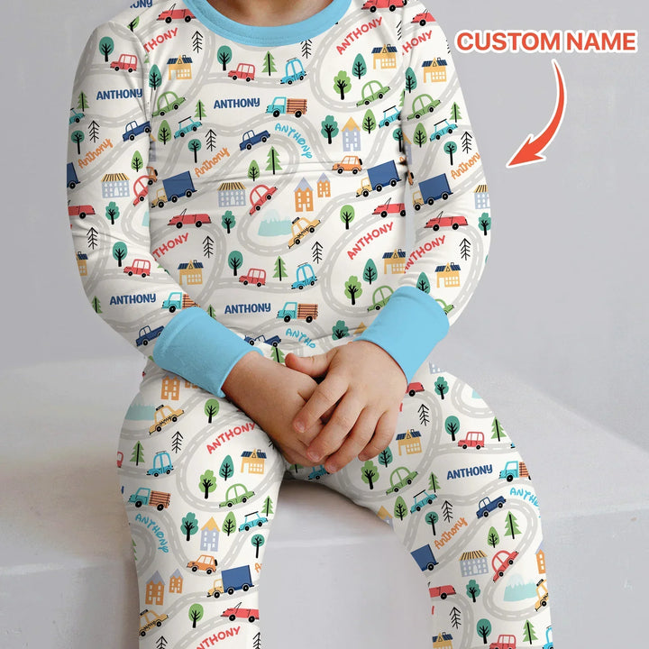Custom Name Road Map Bamboo Two Piece Long Sleeve Pajama Set