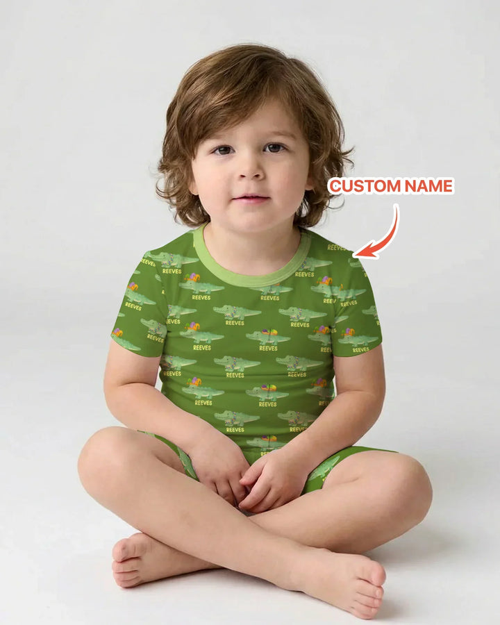 Custom Name Mardi Gras Gator Bamboo Two Piece Short Sleeve Shorts Pajama Set