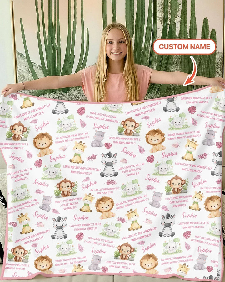 Custom Name Bible Verse Safari Animal Bamboo Blanket