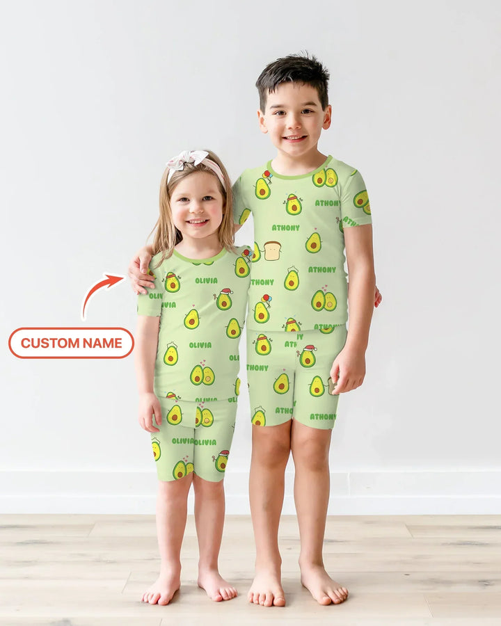 Custom Name Cute Avocado Bamboo Two Piece Short Sleeve Shorts Pajama Set