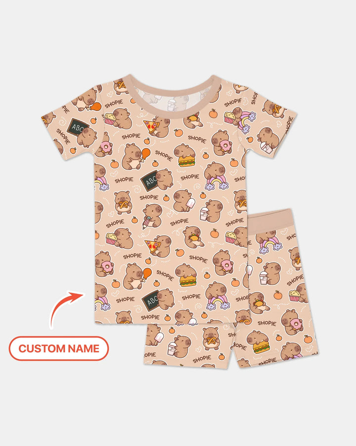 Custom Name Cute Capybara Bamboo Two Piece Short Sleeve Shorts Pajama Set