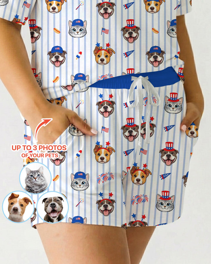 Custom Pet Image 4th of July Family Matching Bamboo Women Short Sleeve Short Pajama
