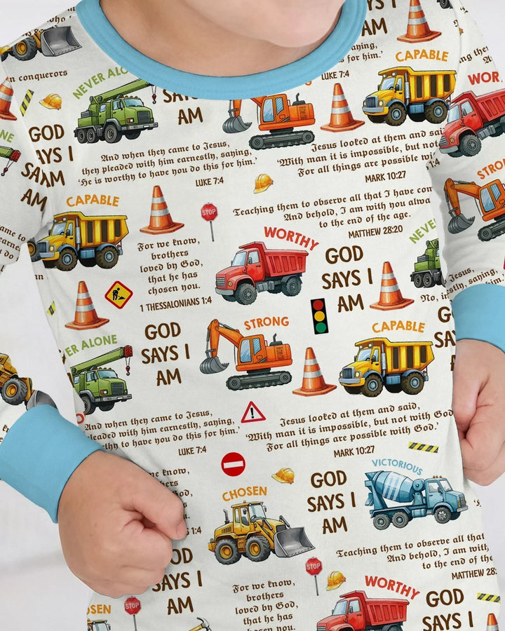 Bible Verse Construction Trucks Bamboo Two Piece Long Sleeve Pajama Set