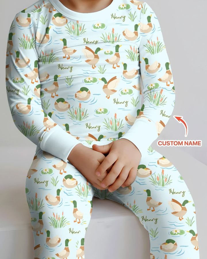 Personalized Mallard Duck Bamboo Two Piece Long Sleeve Pajama Set