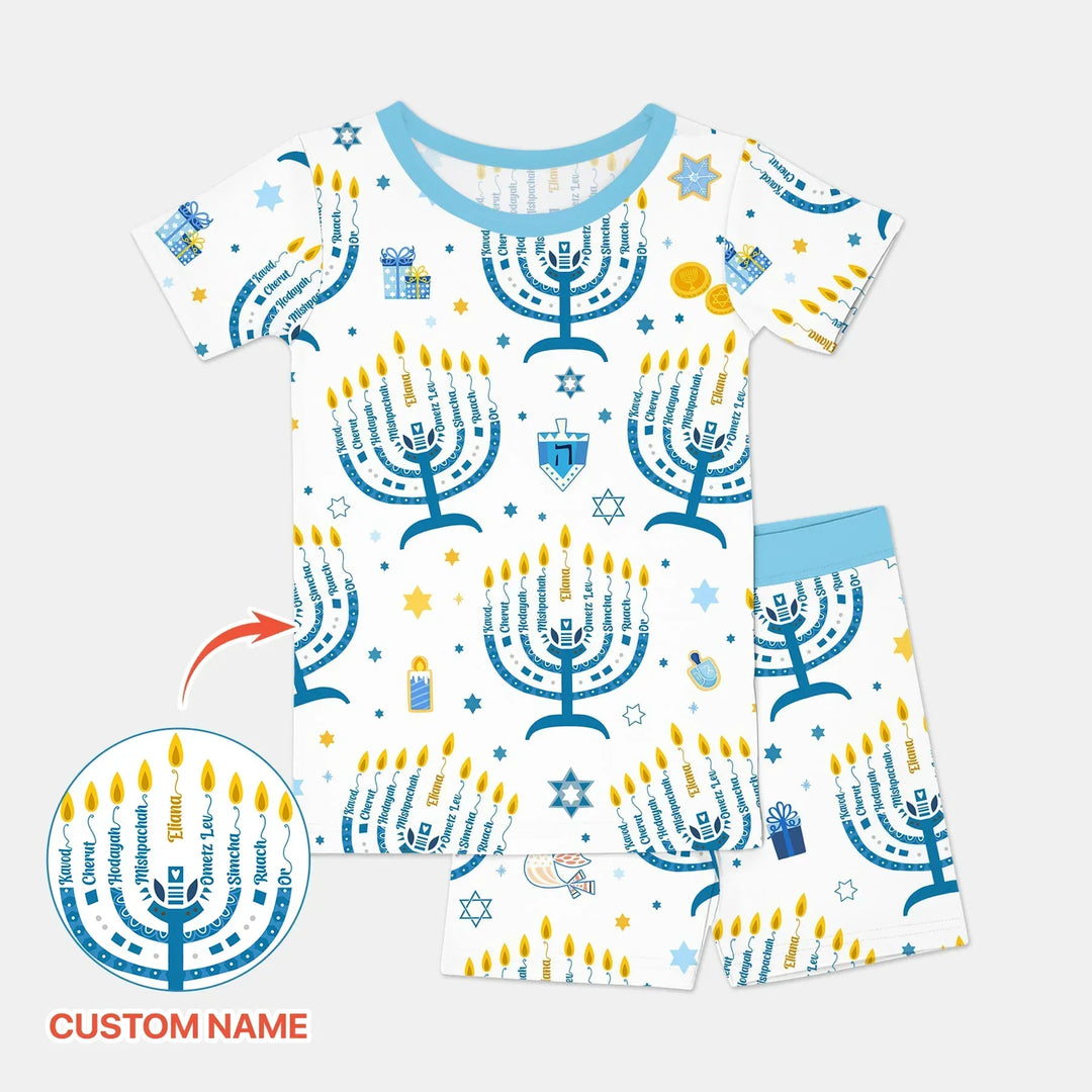 Hanukkah Custom Name Bamboo Two Piece Short Sleeve Shorts Pajama Set