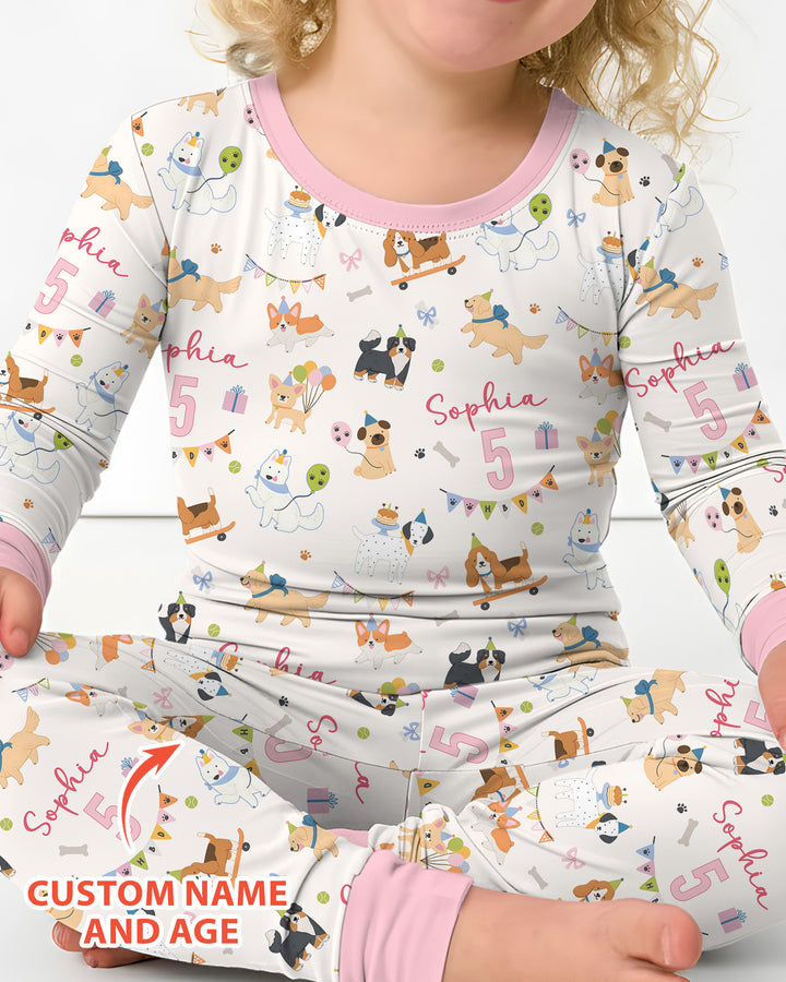 Custom Name Birthday Dogs Party Bamboo Two Piece Long Sleeve Pajama Set