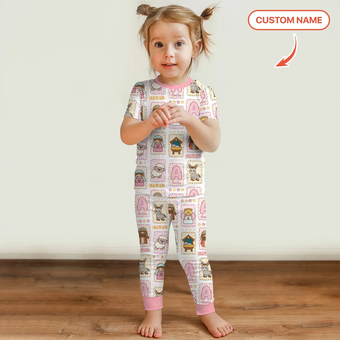 Custom Name Christmas Nativity Bamboo Two Piece Short Sleeve Pajama Set