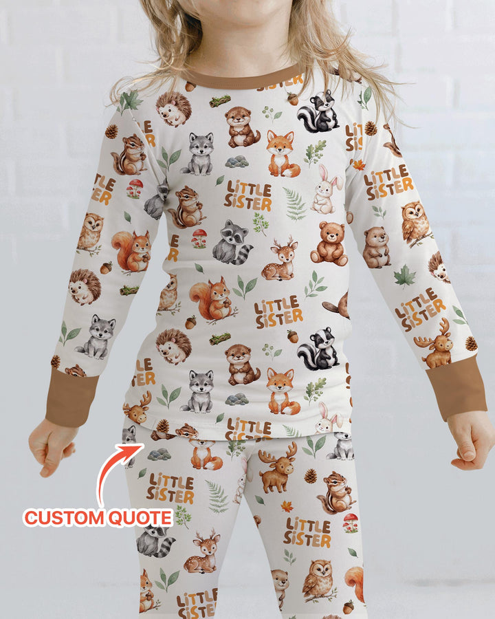 Custom Quote Woodland Animal Matching Sibling Bamboo Two Piece Long Sleeve Pajama Set