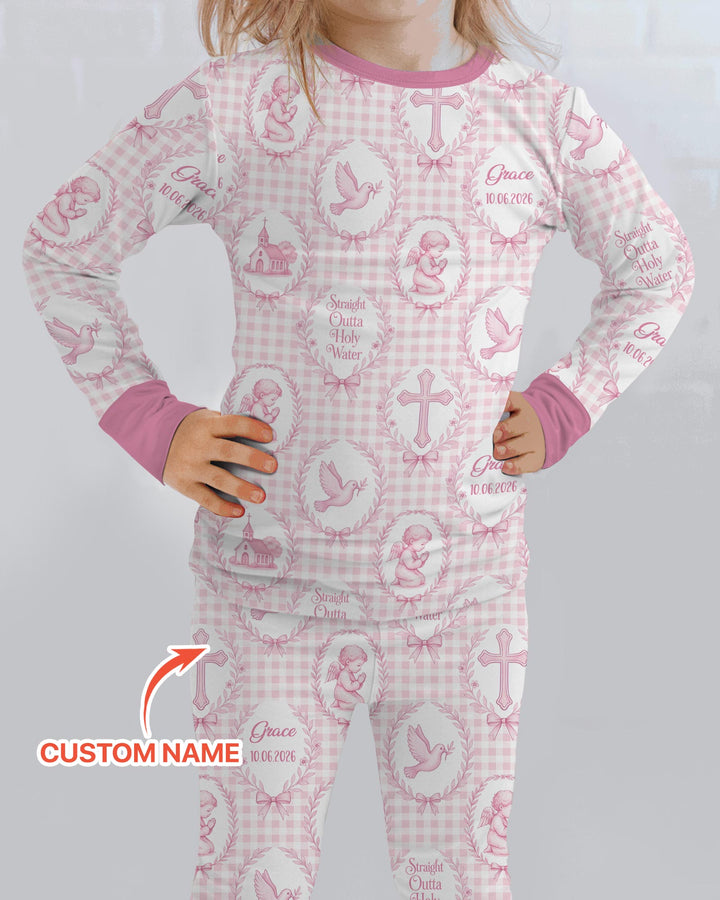 Custom Name Baptism Straight Outta Holy Water Bamboo Two Piece Long Sleeve Pajama Set