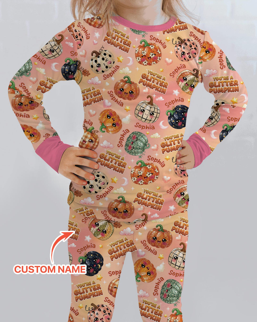 Custom Name You're A Glitter Pumpkin Bamboo Two Piece Long Sleeve Pajama Set