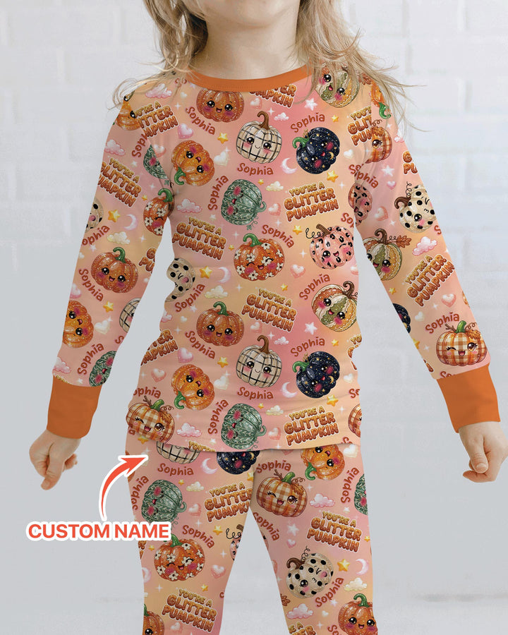 Custom Name You're A Glitter Pumpkin Bamboo Two Piece Long Sleeve Pajama Set